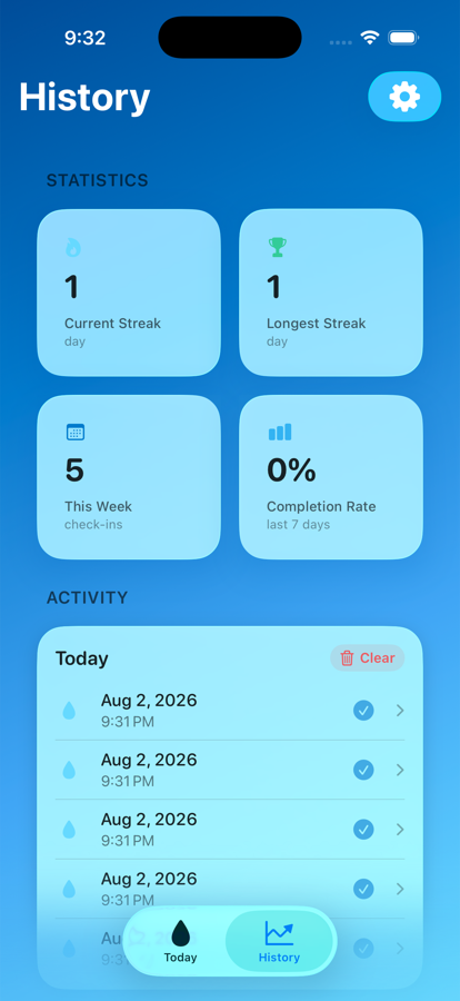 Water Loop history screen: statistics for current streak, longest streak, weekly check-ins and completion rate, above a list of recent check-ins