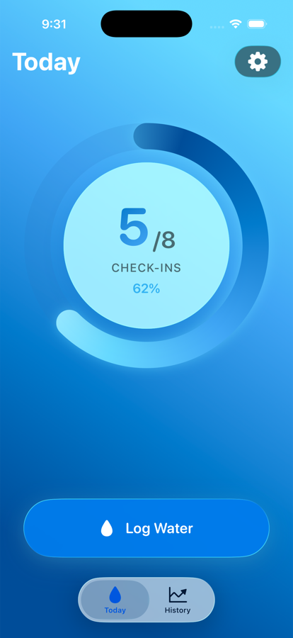 Water Loop home screen showing daily check-in progress